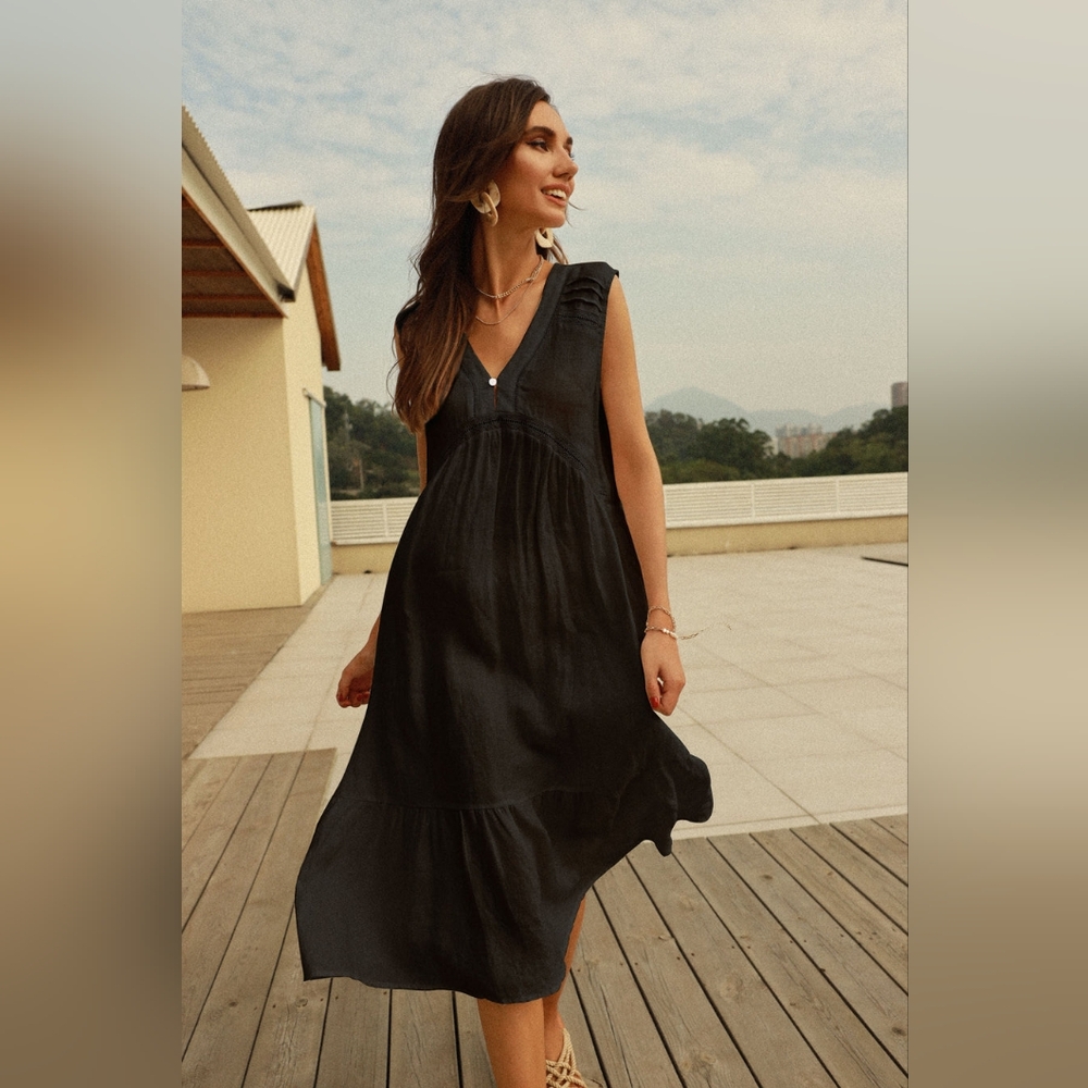 NWT - Hemp-Linen Frieeah Black Midi Nightgown Dress - Size L - Picture 3 of 8